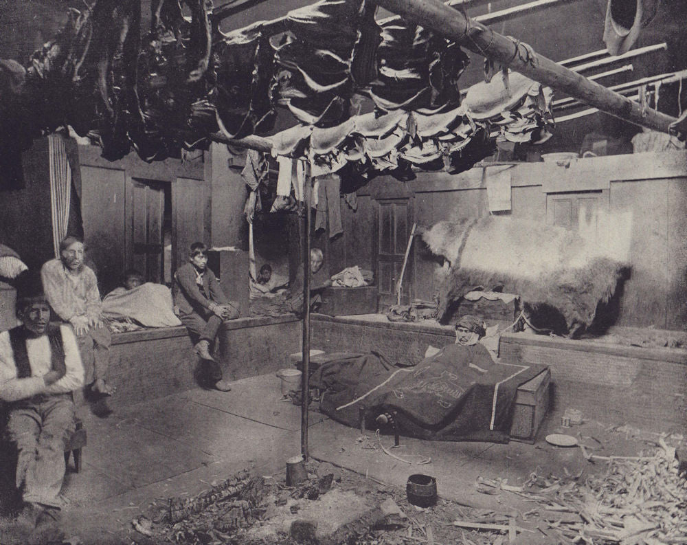 Inside an Indian hut in Yakutat Bay in Alaska. STODDARD 1895 old antique print